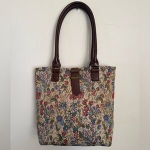 Elegant Floral Tote with Brown Leather Straps